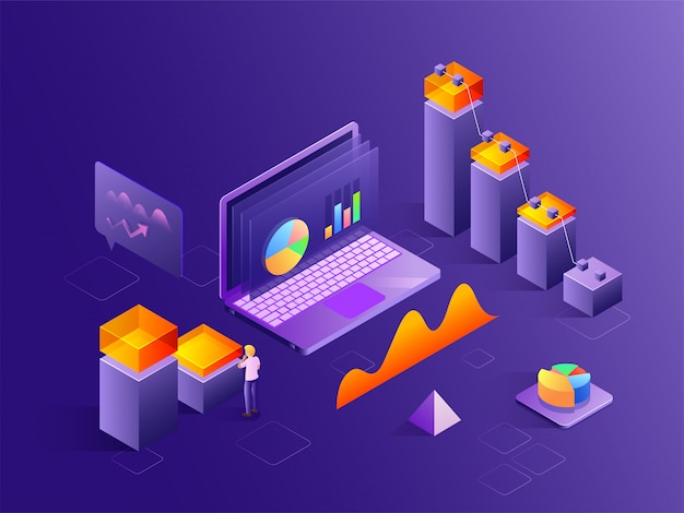 Isometric view of laptop with 3D bar graph 