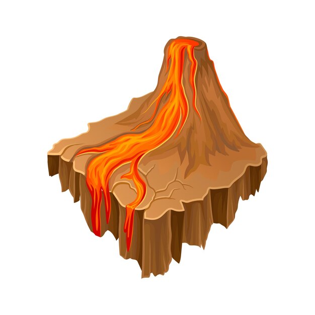 Isometric volcano island with hot flowing lava Colorful cartoon landscape Vector element for fantasy game