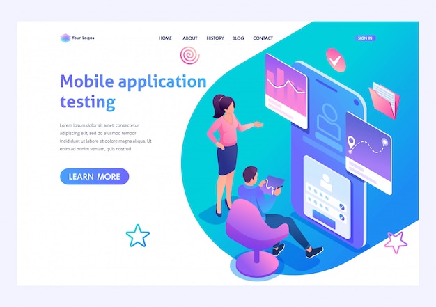 Isometric young people are engaged in Testing the Mobile application, the work of the program. Template landing page for website
