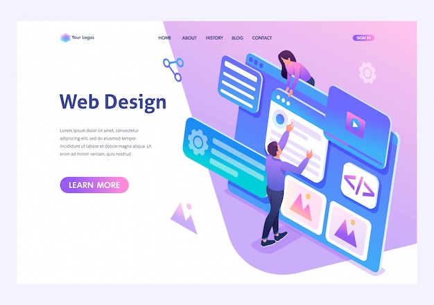 Isometric young people are engaged in web design, website page development. Template landing page for website