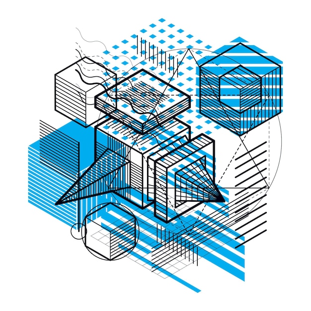 Isometrisk abstrakt baggrund med lineære dimensionelle former, vektor 3D-mesh-elementer. Komposition af kuber, hexagoner, kvadrater, rektangler og forskellige abstrakte elementer.