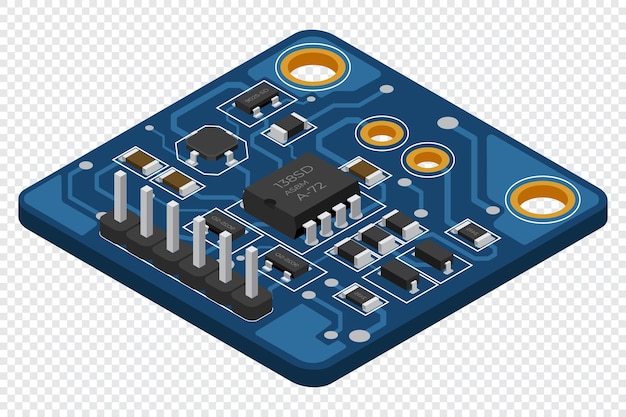 Isometrisk elektronisk tavle Isometrisk printkort med elektroniske komponenter Elektroniske komponenter og integreret printkort