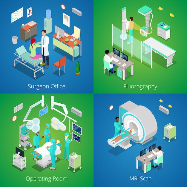 Isometrisk hospitalsinteriør. Medicinsk MR-scanning, operationsstue med læger, fluorograferingsproces, kirurgkontor. 3d flad illustration