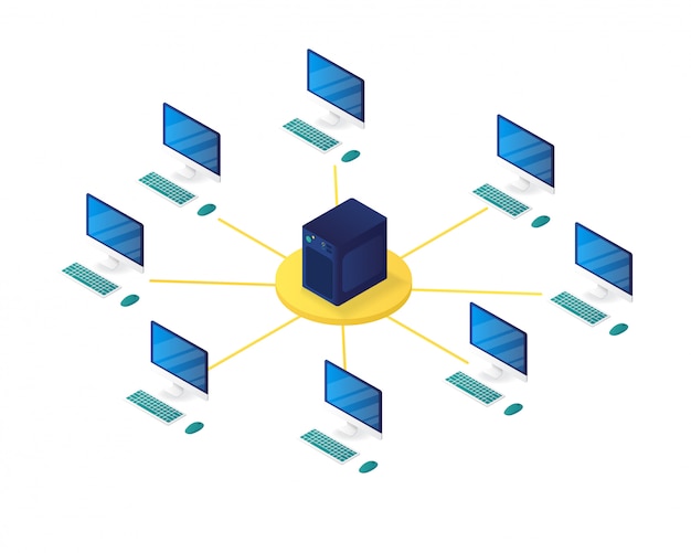 Isometrisk illustration af computernetværksstyring