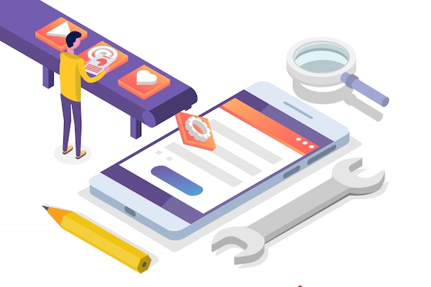 Isometrisk koncept for mobilappudvikling. Landing page skabelon. illustration.