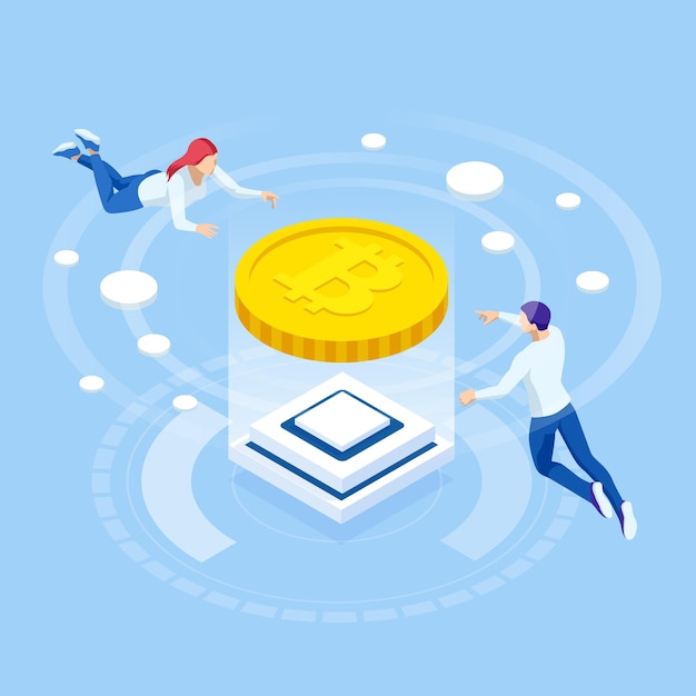 Isometrisk kryptovaluta forretningsfolk minearbejder og mønter koncept Bitcoin kryptovaluta minefarm Kryptovaluta redigerbar banner skabelon