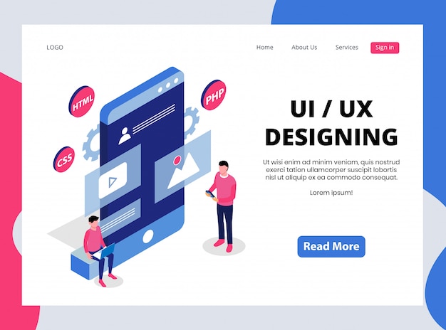 Isometrisk landingsside med UI/UX design