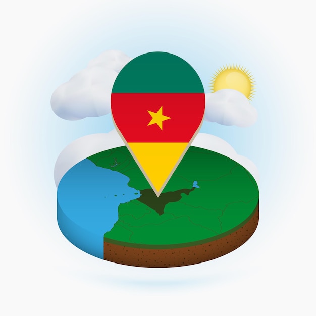 Isometrisk rund karta över Kamerun och punktmarkör med Kameruns flagga Moln och sol på bakgrunden