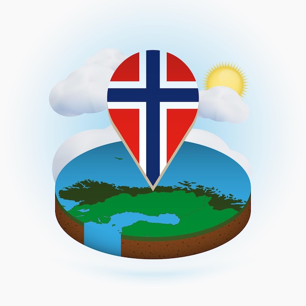 Isometrisk rundt kort over Norge og punktmarkør med flag fra Norge Sky og sol på baggrund