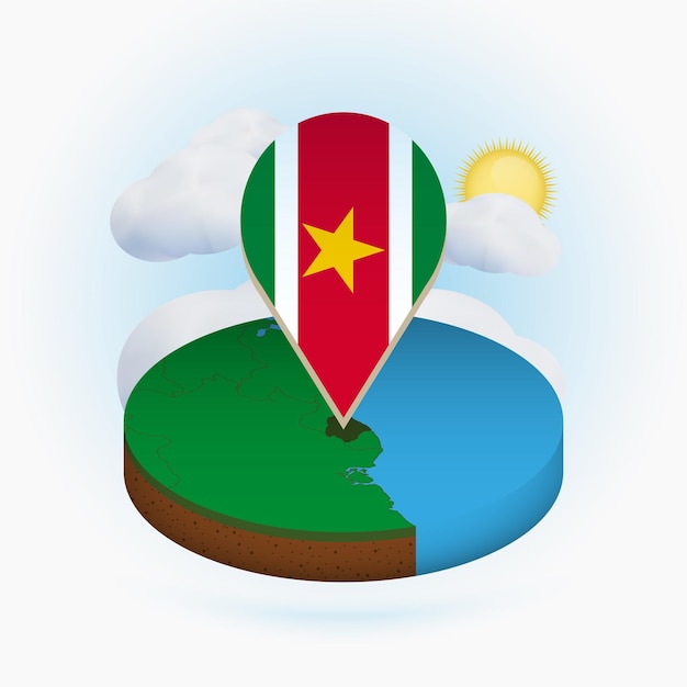 Isometrisk rundt kort over Surinam og punktmarkør med flaget Surinam. Sky og sol på baggrund