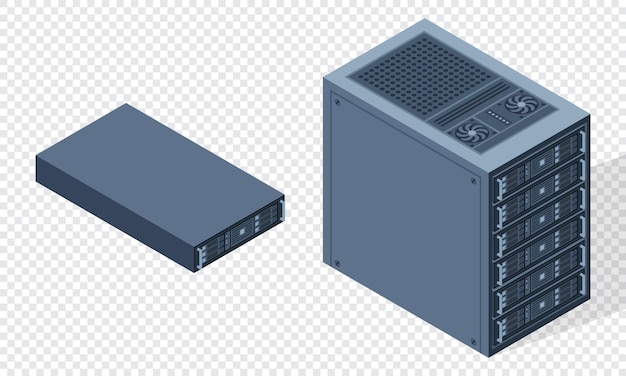 Isometrisk server Serverrack Serverboxar isolerad Nätverksserverrum Datateknik Vektorillustration