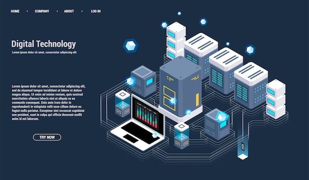 Isometriskt serverrum och big data-bearbetningskoncept, datacenter och databasikon