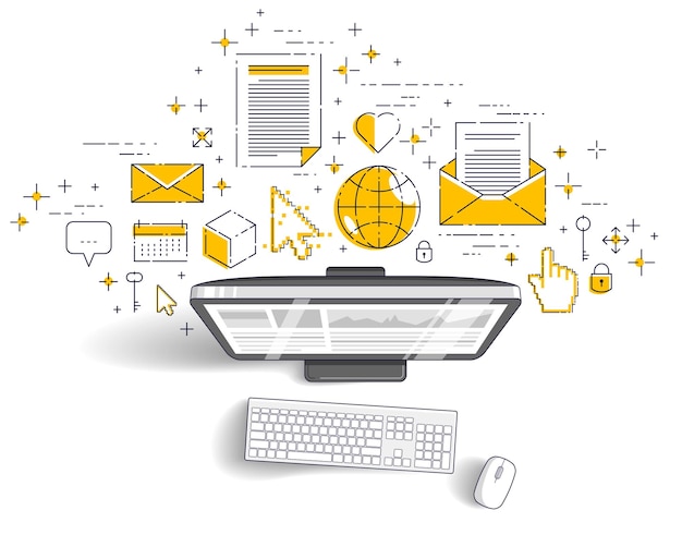 İstatistik infografikleri ve simge seti ile bilgisayar, çevrimiçi iş, internet elektronik finans, vektör tasarımı.