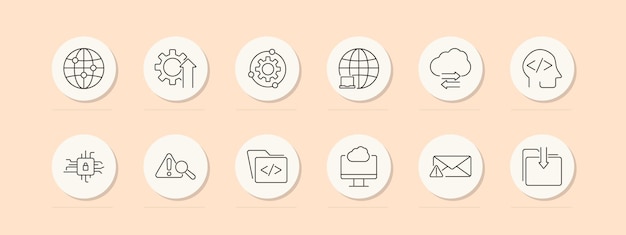 IT services set icon Globe gear coding chip magnifying glass cloud monitor email upload Vector line icon on peach background