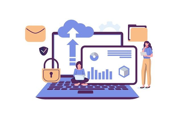 IT specialists administrate cloud service data storage flat style illustration vector design