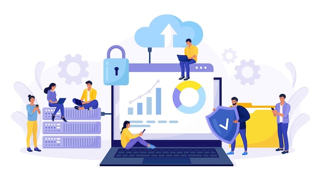 IT specialists administrate cloud service, data storage. Hosting platform. Big data processing, transferring. Online computing technology. Software solutions to share informations on digital network