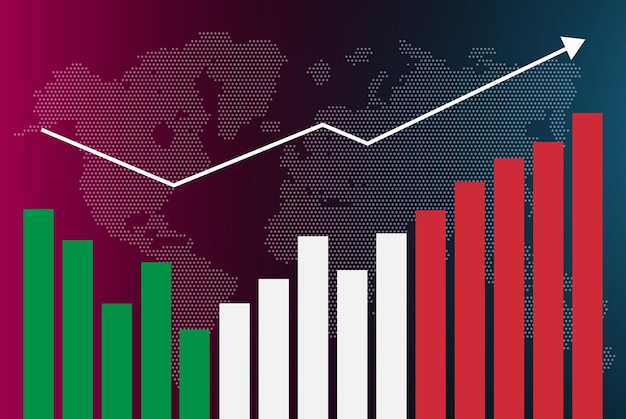 Italy bar chart graph with ups and downs, increasing values, Italy country flag on bar graph