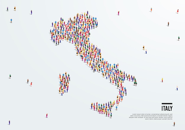 italy map. large group of people form to create a shape of italy map. vector illustration.