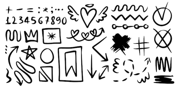 İzole bir arka planda siyah doodle çizgileri ve soyut rastgele simgelerden oluşan bir koleksiyon