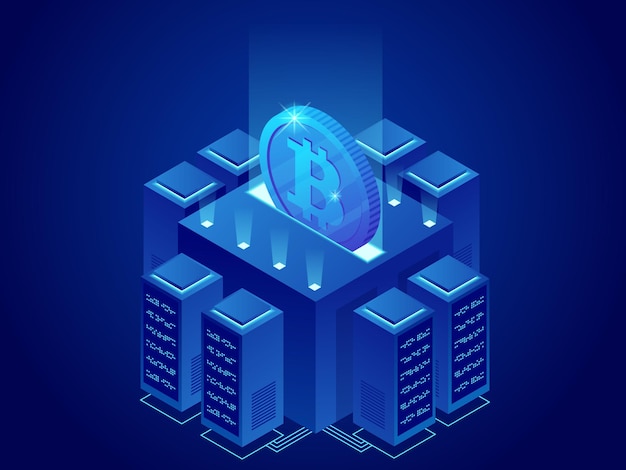 İzometrik Bitcoin madenciliği çiftliği. Kripto para, blockchain, bitcoin madenciliği konsepti. Büyük veri işleme, sunucu odası rafı vektör illüstrasyonu.