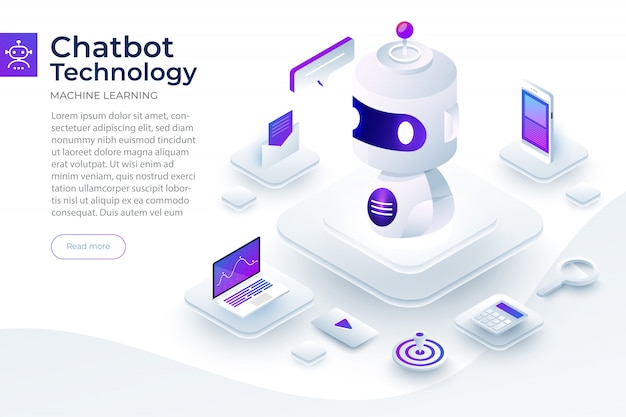 İzometrik konsept sohbet robotu teknolojisi. Yapay zeka makinesi, makine öğrenimi ile mesaj sohbet ediyor. Resmetmek.