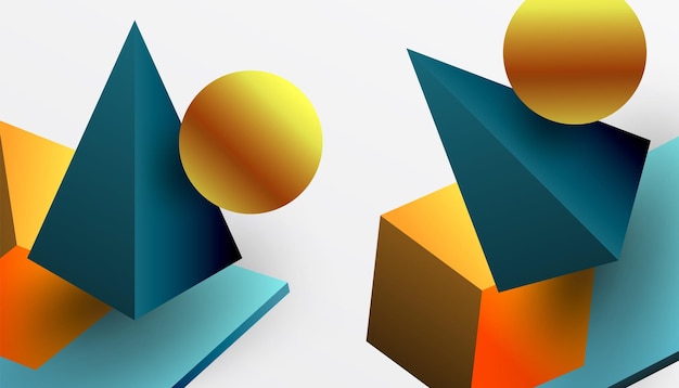 İzometrik küpler, piramitler, kareler ve küreleri canlı bir 3D yerleşimde sergileyen soyut design. Teknoloji tasarımı veya fütüristik temalar için modern ve dinamik.