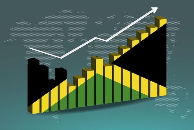 Jamaica 3D bar chart graph with ups and downs increasing values upward rising arrow on data