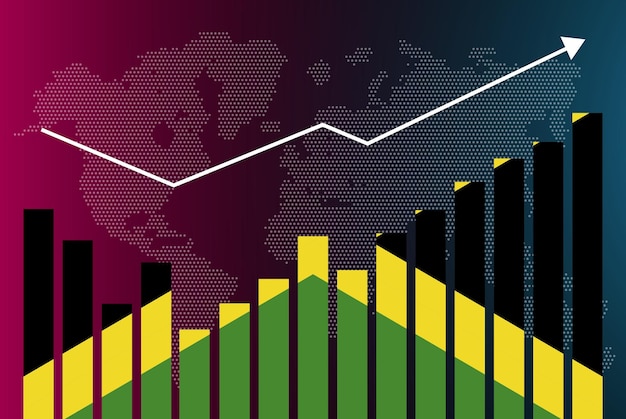 jamaica bar chart graph with ups and downs, increasing values, jamaica country flag on bar graph