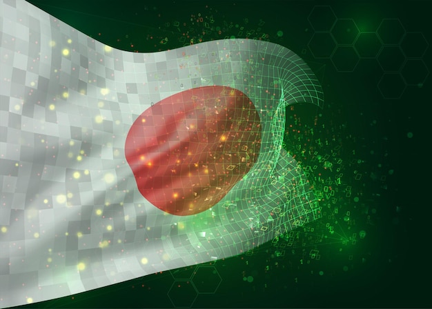 japan, on vector 3d flag on green background with polygons and data numbers