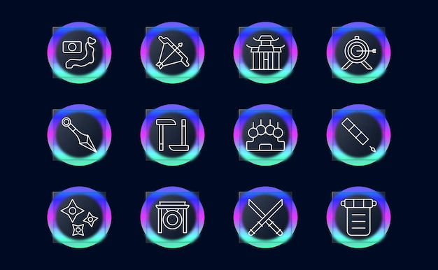 Japan set icon Flag country island map bow temple Japanese architecture blowpipe kunai gong Newton pendulum manuscript katanas cross swords glassmorphism Japanese aesthetics concept