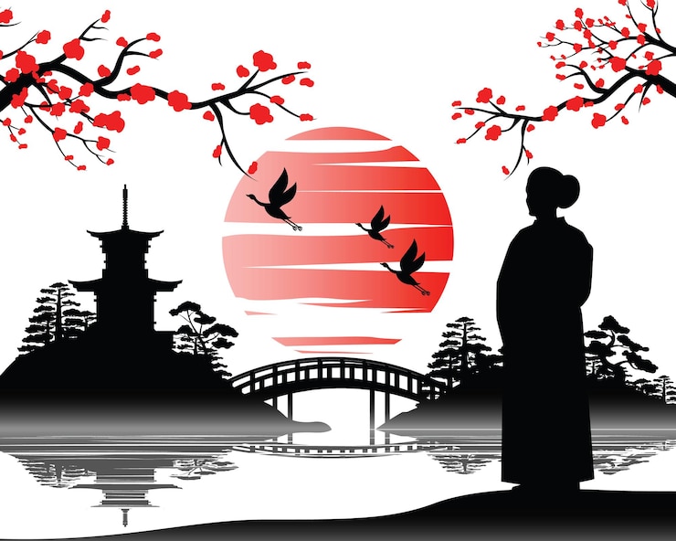 Vektör japanese design of kimono woman looks to the pagoda