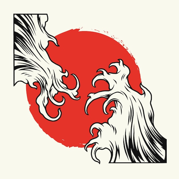 Japanese marine vintage illustration with sea waves on red sun