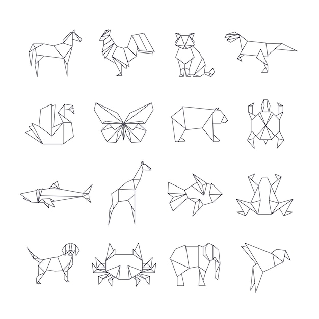 Japanese origami paper animals line icons