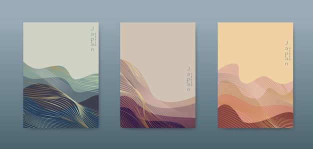 Japanskt landskap bakgrund set kort guld linje vågmönster vektor illustration. lyx banners