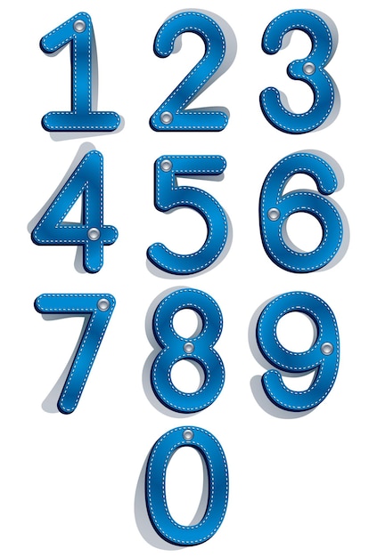 Jeans label style numbers with seams and buttons, vector set.