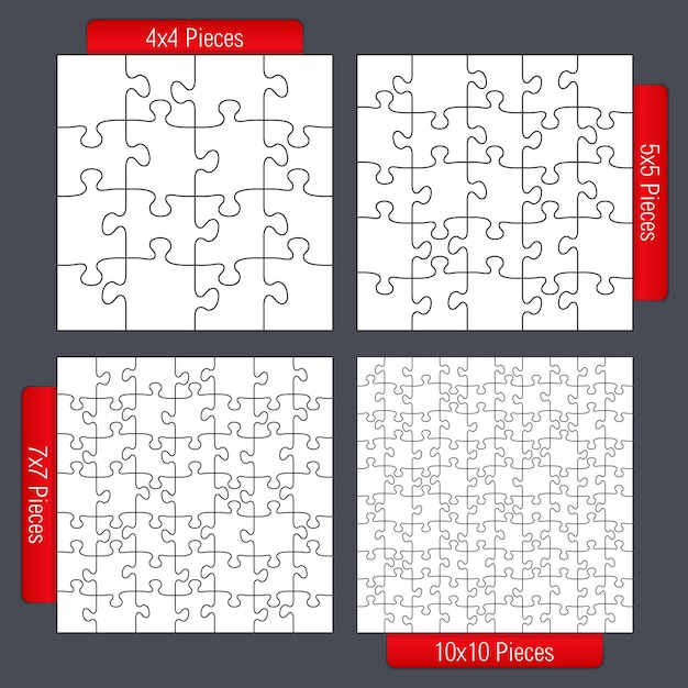 Jigsaw puzzle templates set four different sizes 4x4 5z5 7x7 and 10x10 vector eps10 illustration