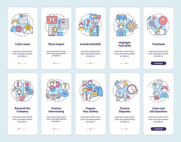 Job hunting onboarding mobile app page screen set