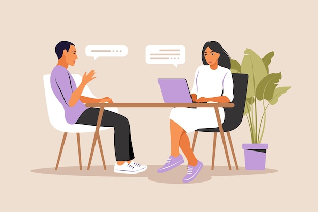 job interview conversation. hr manager and job candidate meeting for interview.