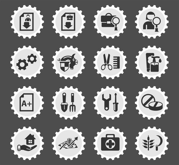 Job search symbols on a round postage stamp stylized icons