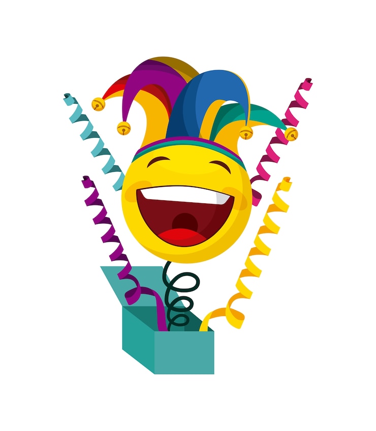 Vektör joke box with happy emoji with jester hat over white background. april fools day concept. vector ill
