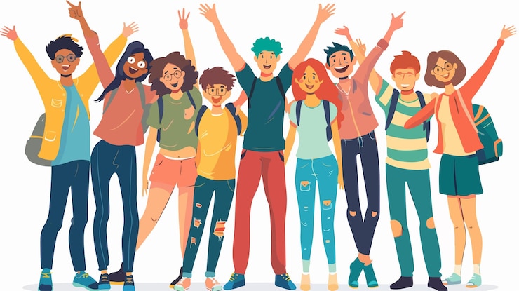 Vektör joyful handdrawn style group of young people celebrating happiness