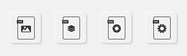 Jpg psd raw and exe extension File format icons Document format set File extension icons