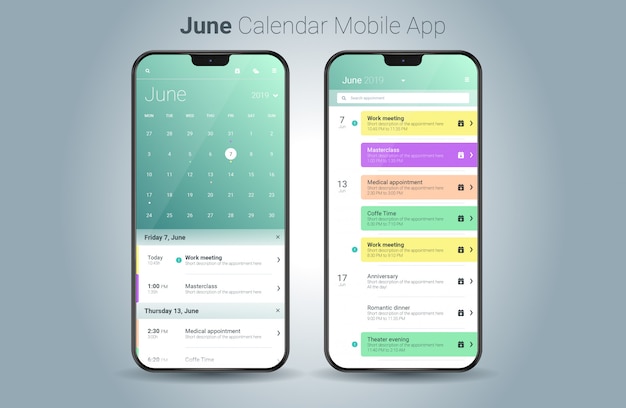 June calendar mobile application light UI vector