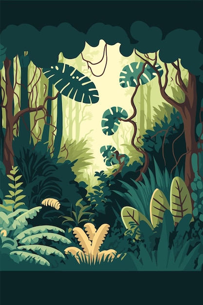 Jungle background Vector flat color cartoon illustration Bright jungle in the morning