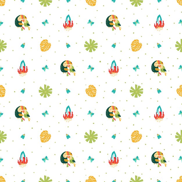 jungle forest pattern toucan birds tropical plants rainforest bright leaf flowers repeated background summer tropical seamless print vector illustrations of toucan leaves flowers bug butterfly