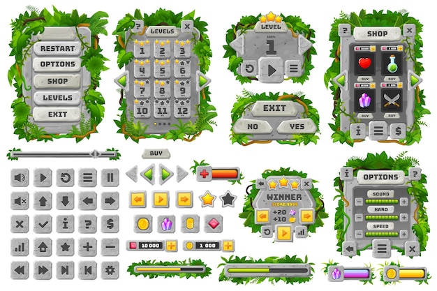 Jungle stones game interface cartoon GUI elements