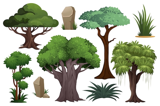 jungle trees set this illustration is a set of jungle trees designed in a flat cartoon style