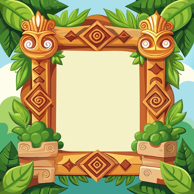 Jungle wooden frame with carved totem poles and green leaves