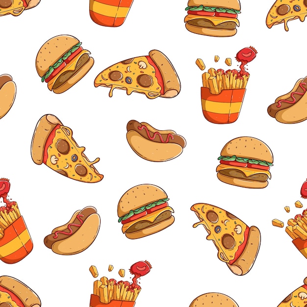junk food with pizza slice burger and hot dog in seamless pattern