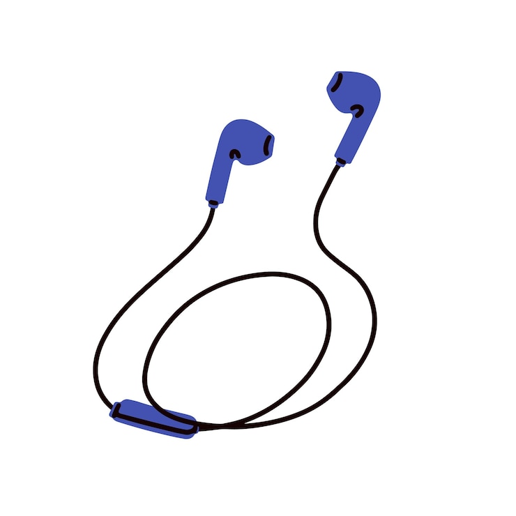 Vektör kablolu kulaklıklar. kablolu küçük kulaklıklar. kablolu kulak içi kulaklıklar. ses aksesuarı ekipmanı. müzik dinlemek için stereo cihazı, aygıt. düz vektör çizimi beyaz arka planda izole edilmiştir